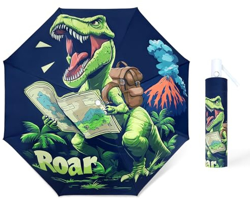 decalsweet Ombrello Pieghevoli Antivento Bambino, Ombrello Automatico da Sole con Strisce Riflettenti, Ombrello Piccolo Portatile Resistenti da Viaggio per Ragazzo e Ragazza, Vulcano di Dinosauro