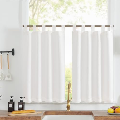 TOPICK Scheibengardinen Küche 2er Set 90Hx 70B cm Weiß Bistrogardine mit Schlaufen Modern Gardinen Kurz Blickdicht Leinenoptik Küchengardinen für Kleine Fenster Wohnmobil Küchenfenster
