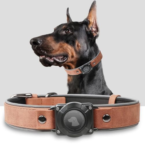 Halsband Hund Leder mit Air Tag Halter, Airtag Hundehalsband IPX8 Wasserdicht, Handgefertigt, Weich und Bequem, Reflektierend, Verstellbare Polsterung, Geeignet für Mittlere Große Hunde (Braun, XL)