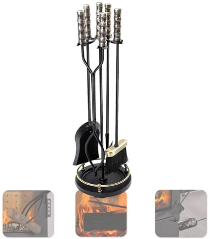 HSIRYAOHD Schmiedeeiserne Kaminwerkzeuge mit Ständer, Kaminset Halter Holzofen Zubehör Set, Outdoor Kamingarnitur Feuerstelle Ständer mit Zange, Schürhaken, Schaufel, Bürste