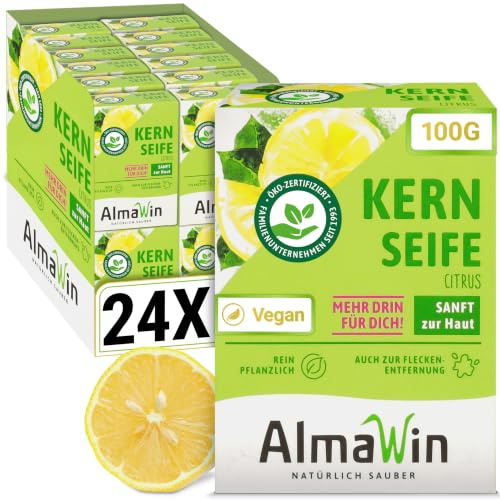 AlmaWin® Kernseife mit zartem Zitronenduft [24x 100g] - Stückseife für sanfte Hautreinigung - Vegane Seife Bio für gründliche Reinigung in Haushalt & Werkstatt - Kernseife Zitrone, Seife