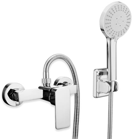 Wall Mounted Shower Mixer Tap Set Manual Exposed Shower Mixer Valve with G1/2 Outlet (UP) Bathroom Tub Mixer Tap Chrome Shower Faucet with 3-Spray Shower Head, Holder, 1.5M Hose