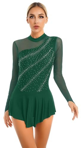 inlzdz Damen Eiskunstlauf Kleid Glitzer Tanzkleid Schlittschuhe Kürkleider Langarm Trikot Tanzanzug Ballettkleid Elegant Bühne Wettbewerb Kostüm