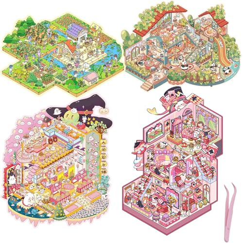 4 Sets Grande Diy 3D House Stickers, 3D Sticker Scenes per Scrapbook e Diario, Adesivi 3D Adorabili Kit Casa In Miniatura, per Alleviare Lo Stress, per Adulti e Bambini, Con 1 Pinzette