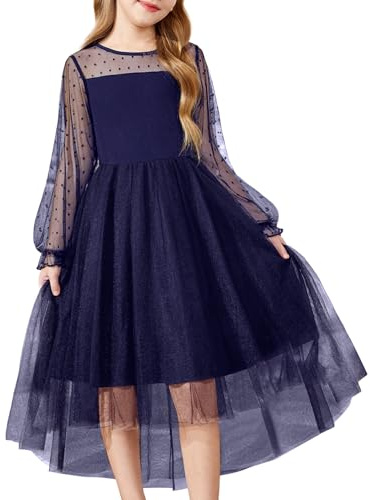 Arshiner Robe De Fille Festive à Manches Longues Bleu Foncé Tullerobe à Col Rond Robe De Fête pour Enfants Robe De Bal d'hiver 10-12 Ans