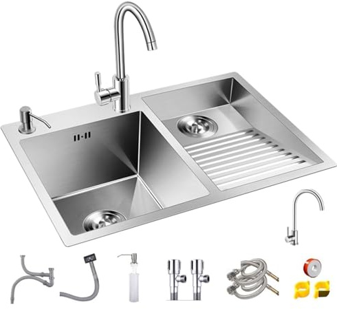 Lavandino In Acciaio Inox Con Asse E Rubinetto, Lavello Di Servizio Spesso Per Lavanderia, Balcone, Garage, Cucina, Lavamani, Per Piatti E Vestiti(80 * 48 * 21cm)