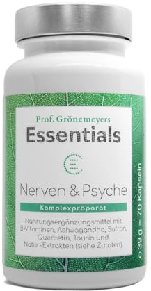 Prof. Grönemeyer Essentials Nerven & Psyche, B6, B12 & Folat, 70 Kapseln | Vitamin-Komplex für Nervensystem & normale psychische Funktion, mit Ashwagandha, Safran, Taurin & Grüntee-Extrakt, Vegan
