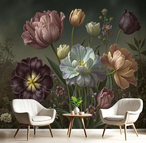 Papel Pintado De Mural Seda Standard - Tulipán Barroco - 400X280Cm - Fotomurales Plantas Vintage Decorativos Murales Papel Tapiz Verde Oscuro Fotográfico Dormitorio Para La Sala