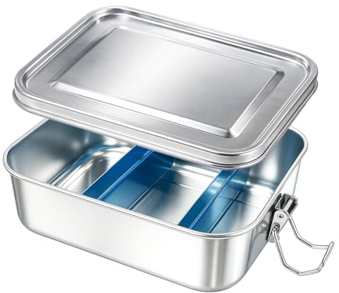 kaiyaya 1 Stück Edelstahl Brotdose mit Fächern (850ml), Brotzeitbox für Erwachsene, Leckdichte Lunchbox aus Metall mit Deckel