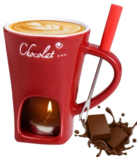 Schokoladen Fondue Becher Set, 2026 Neu Keramik Schokoladenfondue Tasse, Becher zum Schmelzen von Schokolade Mehrzweck Chocolate Fondue Set mit Gabel Schokoladenfondue für Käse,Schokolade (Rot)