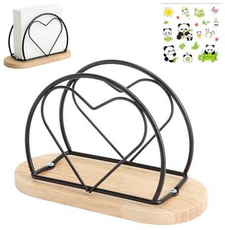 XRVRILE Serviettenhalter Herzform Holzsockel, Serviettenspender mit Panda Bambus Deko Sticker, 15.5x6.6x9.9cm Serviettenständer Sicherer Organizer für Küche Bar Restaurant (Schwarz)