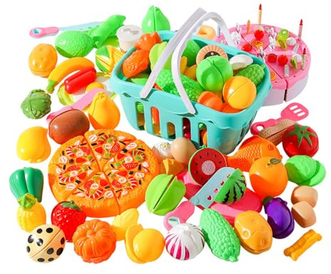 NOENNULL Set di Cibo da Gioco per Cucina per Bambini, Cibo Finto per Bambini Piccoli, Finto Tagliato in Plastica, Frutta e Verdura, Accessori con Cestino, Regali per Ragazzi e Ragazze