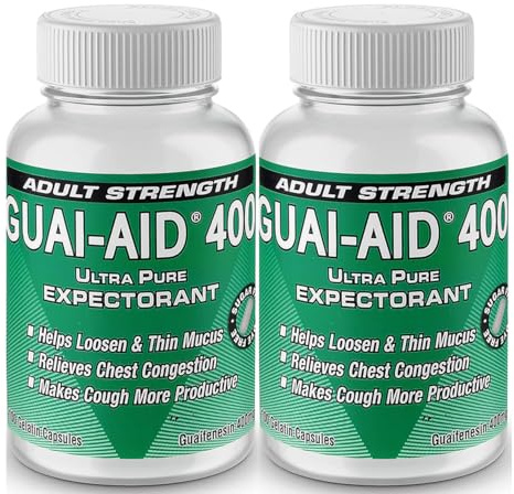 GUAI-AID 200 400mg Ultra-Pure Guaifenesin Capsules (2 Bottles of 100)