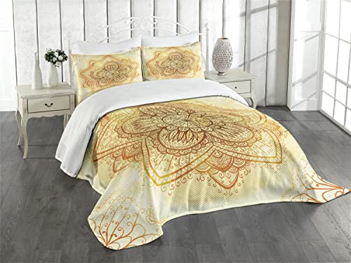 ABAKUHAUS orientalisch Tagesdecke Set, Künstlerische Alte Mandala, Set mit Kissenbezügen Kein verblassen, für Doppelbetten 220 x 220 cm,Dunkel Orange und hellgelb