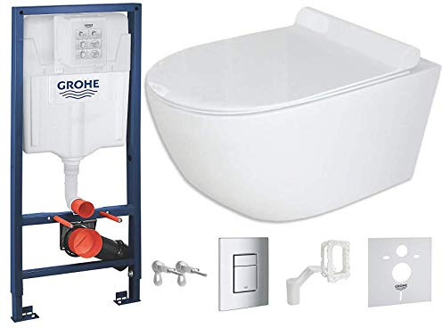 VBChome Hänge WC spülrandlos Grohe Rapid SL Set für Wand-WC Toilette inkl. softclose wc Sitz absenkautomatik Deckel aus Duroplast Wandhalter Betätigungsplatte in chrom und Grohe-Fresh (GCART)