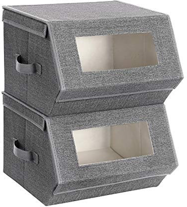 SONGMICS Set of 2 Stackable Storage Bins with Transparent Windows, Magnetic Lid and Side Handles, for Toys, Clothes, Gray and Beige RPLB02G