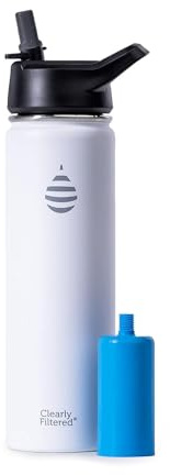 Clearly Filtered Bouteille d'eau de 591 ml avec cibles de plus de 220 contaminants/double paroi isotherme en acier inoxydable filtré sans BPA/BPS sans phtalate, filtres fluorure, plomb, chlore (blanc)
