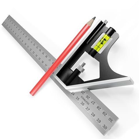 Simon & Co Équerre combinée 300mm en acier inoxydable Professionnel - Graduation métrique - offert un crayon de menuisier. Équerre de menuisier précise avec butée et outil de traçage.
