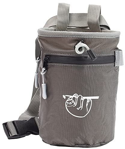 Chalk Bag for Rock Climbing, Climbing Chalk Bag for Bouldering with 2 Large Zipper Storage Pockets, Premium Gym Chalk Bag for Weightlifting, Great Gift and Rock Climbing Gear, Gray