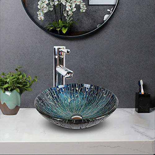 HomeLava Mini Waschbecken Aufsatz Waschschale Klein Handwaschbecken Rund aus Gehärtetes Glas für Gäste-WC mit Waschtischarmatur Chrom 30cm