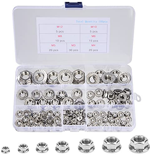 QIMEI-SHOP Écrou de Blocage Écrou Frein en Acier Inoxydable M3 M4 M5 M6 M8 M10 M12 Écrous à Bride Hexagonale avec Dentelés Assortiment Kit 105 Pièces
