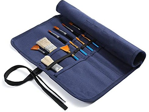 Kaaltisy Artist Paint Brush Roll | 22 Slots Paint Brush Storage Roll, 16oz Waxed Canvas Pencil Bag for Watercolour Brush Acrylic Pen - Blue - 40 x 35cm