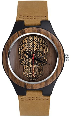 SUPBRO Holzuhren Herren Holz-Armbanduhr Schädel Natur Hölzerne Uhr Analog Armbanduhr Japanisch Holzuhr Quarzwerk Uhr Herren Uhren