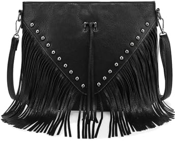 Black Fringe Crossbody Bag for Women, Vintage Stud Large Boho Shoulder Bag with Fringe