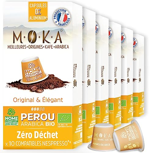 MOKA 200 Capsule Compostabili 100% Puro Arabica del Perù Bio - Compatibile con macchine Capsule Nespresso - Intensità 6 - Home Compost - Espresso e Lungo - Torrefatto in Francia