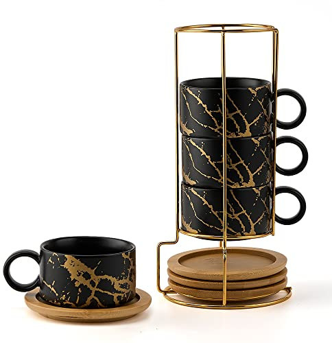 LUKA Porcelain Espresso Cup with Metal Stand, 6 Ounce Stackable Ceramic Demitasse Espresso Mugs Cappuccino Cups Set for Latte,Coffee,Cafe Mocha,Tea(Set of 4,Black)