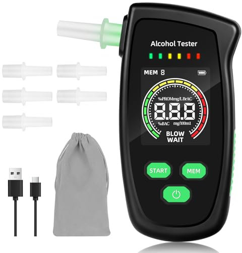 Testeur d'alcool rechargeable avec puce intelligente, testeur d'alcool avec 5 embouts buccaux et type - C, écran couleur LCD de respiration d'alcool avec haute résolution et fonction de stockage