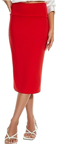 BSXIJIE Women’s High Waist Stretch Office Work Pencil Skirt Midi Nylon Ponte Bodycon Skirt, Red, M