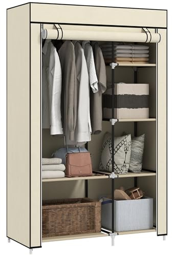 HOMCOM Kleiderschrank mit 6 Ablagen, 103 x 43 x 162,5 cm Creme | Kleiderstange, Reißverschluss, Stoffschrank, Faltschrank, Ankleidezimmer, Schlafzimmer