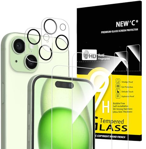 NEW'C Set med 4, 2 x Skärmskydd för iPhone 15 (6,1 tum) och 2 x kameralinsskydd i härdat glas - Fri från luftbubblor - Ultrabeständigt - 9H hårdhetsglas