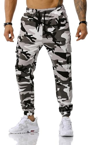 MakingDa Pantaloni da uomo camouflage, tuta da jogging, cargo, joggers, con tasche multiple, sweatpants da combattimento, Grigio e bianco, 54
