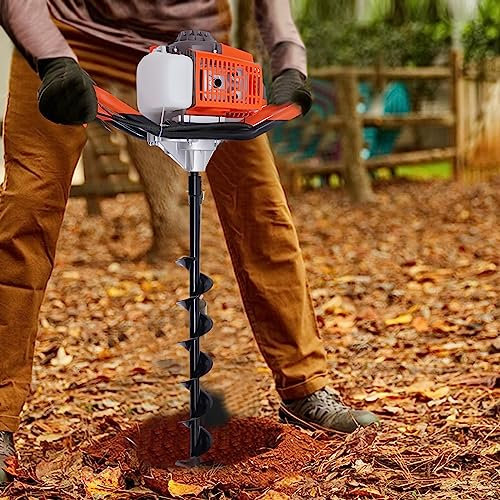 DSYOGX Broca de tierra de gasolina de 2 tiempos, 71 cc, fresadora de suelo, gasolina con tres cabezales de perforación de 2,4 CV, broca de jardín, 0-300 rpm, equipo de seguridad, arranque manual,