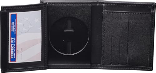 Perfect Fit Shield Wallets Runder Polizei-Ausweishalter, 6,3 cm, rund | Hidden Badge Doppelfalt-Geldbörse (Ausschnitt PF-708), Leder, Schwarz
