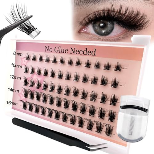 Selbstklebende Wimpern Cluster Kit with Lashes Curler, vorgeklebte Wimpernbüschel 60 Stück Flauschiges C Curl Einzelwimpern 8-16mm Kein Kleber Kein Entferner benötigt DIY Wimpernverlängerung Kit(FD27)