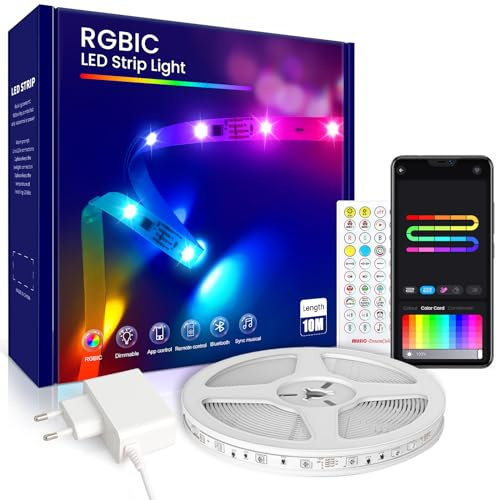VKH LED Strip 10m, Upgrade RGB-IC LED Streifen mit App, Segmentcontrol, Farbwechsel, Musik Sync, LED Lichterkette für Party, Zuhause, Schlafzimmer, Gaming, Küche Deko