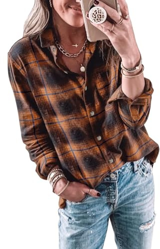 Imily Bela Camicetta da Donna a Quadri Camicia a Maniche Lunghe Casual Maglietta a Manica Lunga Camicia in Flanella Camicia a Quadri con Bottoni Manica Lunga Top., Colore: arancione., XXL
