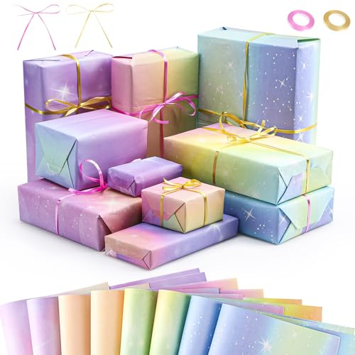 8 Pcs Rainbow Gradient Colour Gift Wrapping Paper with 2 Roll Satin Ribbon