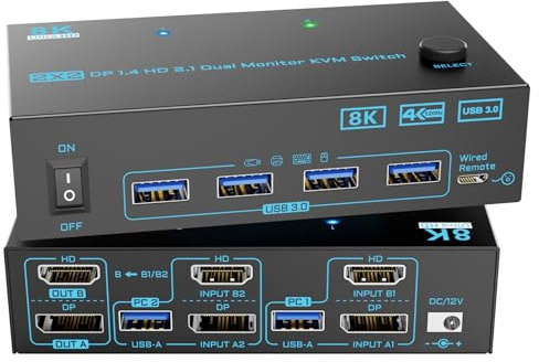 8K 2 Monitore 2 PC KVM Switch Displayport 1.4 + HDMI 2.1 Dual Monitor KVM Switcher 2 IN 2 OUT 2 Ports KVM-Switches Max Unterstützung 8K@60Hz/4K@144Hz für 2 PCs teilen sich 2 Bildschirme und 4 USB 3.0