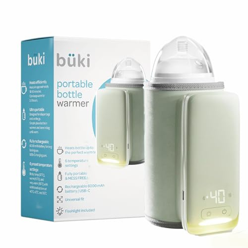 Büki Calentador de biberones portátil para leche materna o fórmula para bebés, calentador de viaje a prueba de fugas para biberones con pantalla de temperatura alimentada por batería y linterna