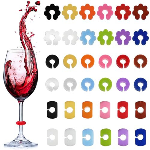 JEYORZY 36x Segnabicchiere Silicone, Identificatore del Bicchiere di Vino Cocktail, Segna Bicchieri Calici, Marcatori per Bicchieri da Vino Riutilizzabili Marcatori, Segnabicchieri Colorati Silicone