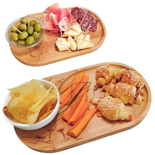 Set Aperitivo con Porta Calice o Porta Ciotolina, Set 2 taglieri da Aperitivo con Portabicchiere, in legno di bambù, Comodo e Pratico, Adatto a Bar