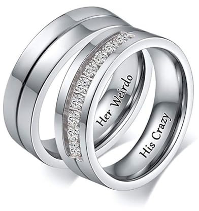 Calefee Ringe Partnerringe Edelstahl, Schmuck Ringe Set für Sie und Ihn 6 mm Ring Her Weirdo His Crazy, Damen Größe 65 und Herren Größe 60