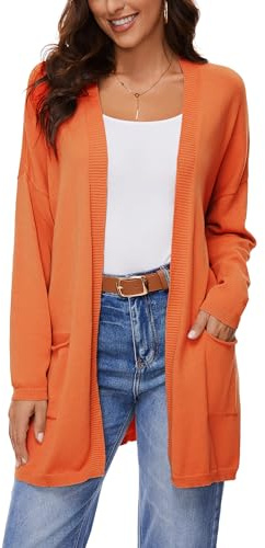 BERESIA Cardigan Aperto in Cotone 100% per Donna con Tasche, Maniche Lunghe, Morbido, Oversize, Maglione Casual da Donna, Arancione, XL