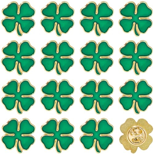 SUNNYCLUE 1 caja de 20 broches Del Día de San Patricio Broches de la Suerte Broches de Metal Esmaltados de Buena Suerte Broches de Trébol de Cuatro Hojas Irlandés Verde Broches de Solapa A Granel para