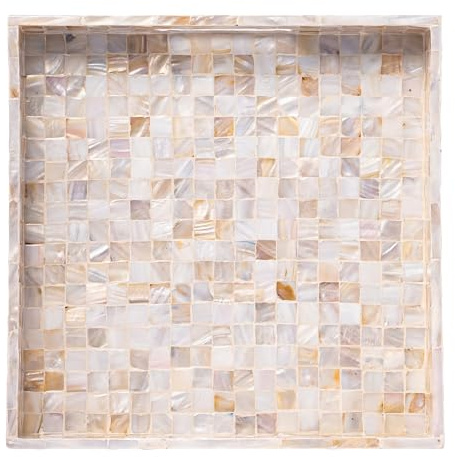 PEMAR Handcrafted Mother of Pearl Decorative Tray with Handles - 12 Square Mosaic Inlay Organizer for Coffee Table, Ottoman, Vanity & Bathroom - Luxury Coastal Home Decor (White Cream Squares)
