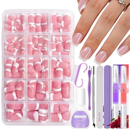 Falsche Nägel Tips Set - 240Stk Press on Nails Französische Kunstnägel, French Tip Fake Nails für Nägel Soft Gel Full Cover Nägel zum Aufkleben Natürliches & angenehmes Tragegefühl (Rosa Quadrat)